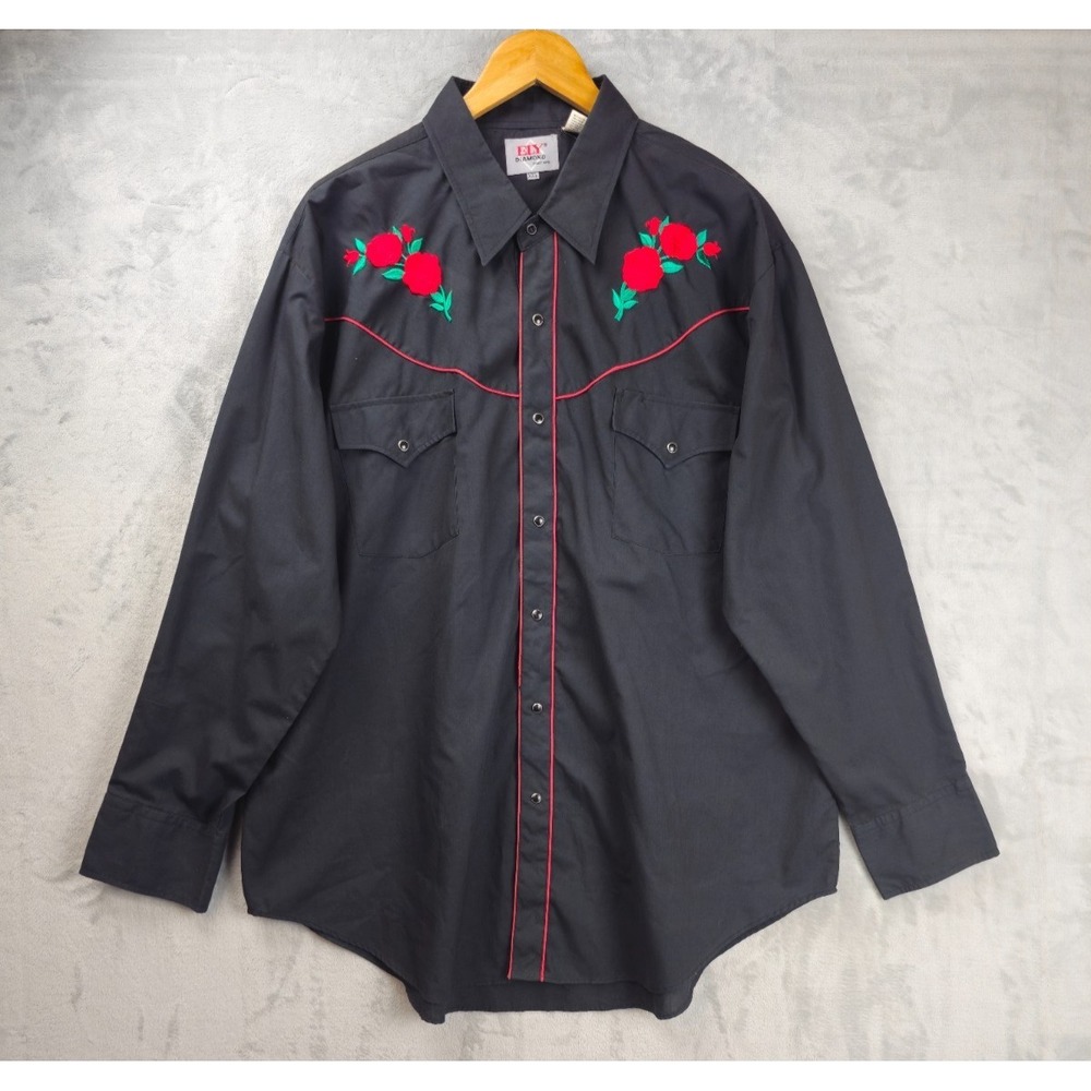 Ely Diamond Western Floral Embroidered Black Snap Button-Up Shirt XXL Cowboy